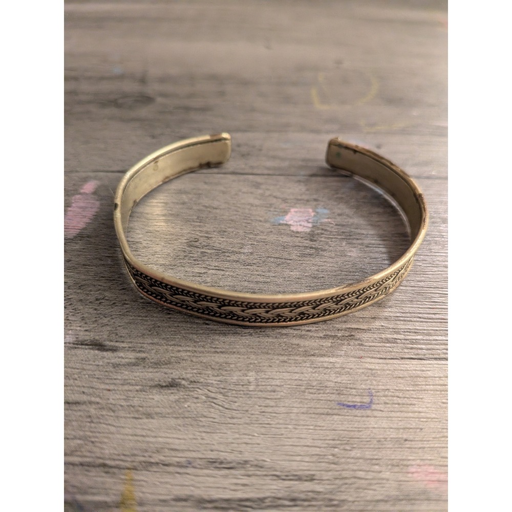 Vintage Brass Braided Etched Cuff Bracelet Boho Open Bangle Gold Tone Metal